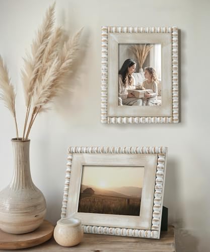Afuly 5x7 Farmhouse Picture Frame Boho White Beads Photo Frame Wooden Distressed Wall Hanging Desk Standing Decor Artwork ...