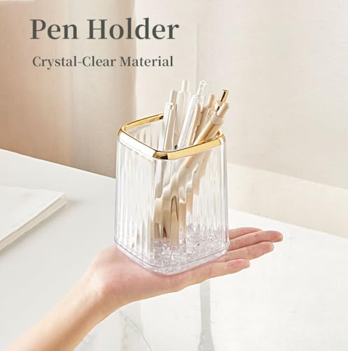 Yoohailor Acrylic Pen Holder, Cute Clear Desk Organizer for Pencils, Makeup Brushes Toothbrushes Storage Cup with Striped ...