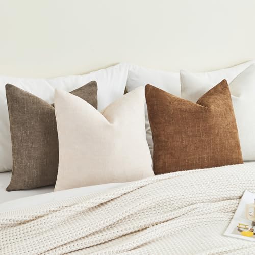 GriNeed Pack of 4 Throw Pillow Covers 22x22 Inch Chenille Textured Neutral Soft Pillow Covers Solid Decorative Farmhouse C...