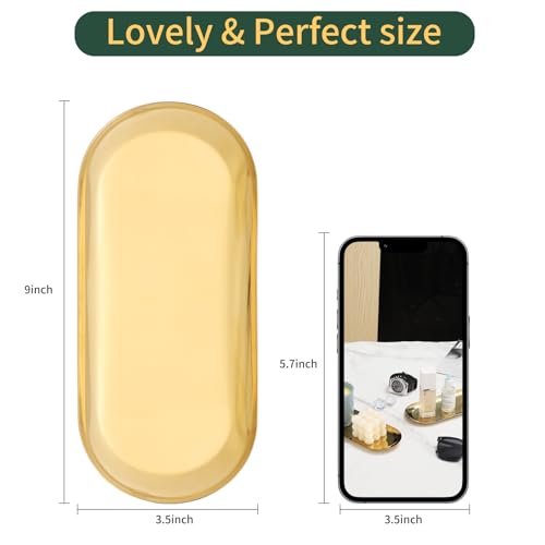 2Pack Gold Decorative Trays Bathroom Vanity Tray for Dresser Counter, Stainless Steel Jewelry Dish Cosmetics Organizer, Pe...