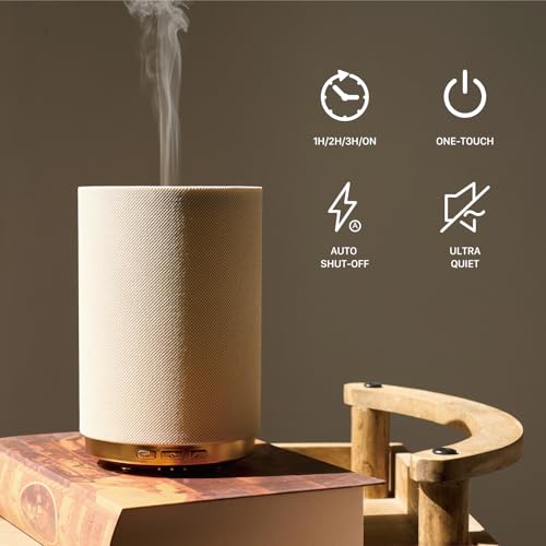 Fabric Essential Oil Diffuser, 110ml Aroma Diffuser with Night Light, 2 Mist Modes, 3 Light Settings, 4 Timer Modes, Auto ...