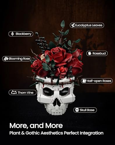 iATOM Skull Roses Flower Bouquet Building Set, Botanical Collection Kit for Adult Women, Birthday Gifts for Mothers Day fo...