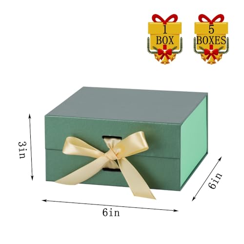BoxSkivra Green Gift Box with Ribbon 1 Pack 6X6X3 Inch Small Gift Box with Lid Magnetic Closure Rectangle Collapsible Luxu...