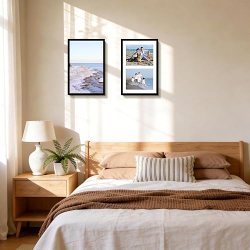 Golden State Art, 12x19 Black Wood Collage Picture Frame with White Mat - Displays Two 8x10 Photos - Real Glass, Sawtooth ...