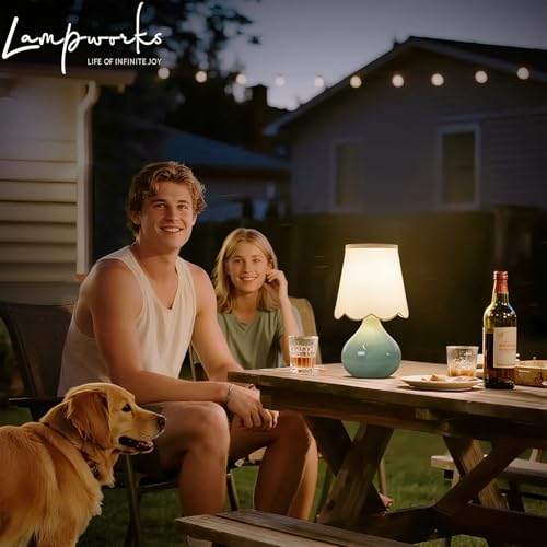Lampworks 14''H Cordless LED Ambient Table Lamp, Rechargeable Ceramic Bedside Lamp with 3-Level Dimmable Soft Lighting, Li...
