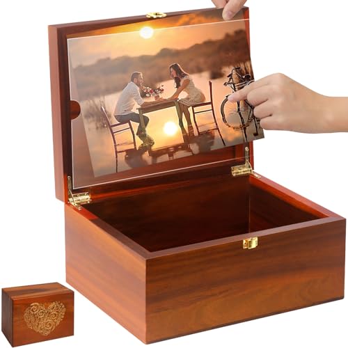 Large Wooden Keepsake Box with Hinged Lid and Photo Frame - Elegant Wedding Memory Box, Ideal for Photos, Letters, Time Ca...