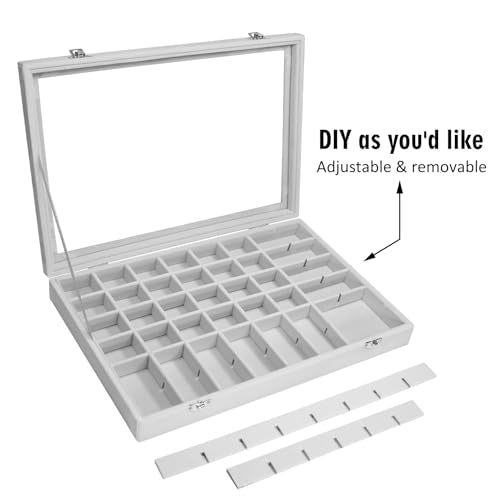 Siveit Velvet Jewelry Tray 48 Grid Jewelry Display Tray Organizer Box with Transparent Lid Rings Earrings Necklaces Pendan...