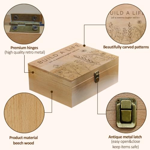 arricraft 1 Pc Wood Memory Keepsake Box, Line Wildflowers Build a Life Memory Box with Hinged Lids Laughter and Love Keeps...