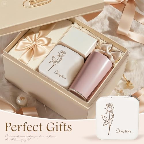 Mothers Day Gifts for Mom, Personalized Jewelry Box - Custom Gifts for Women, Portable Small Travel Case with Birth Flower...