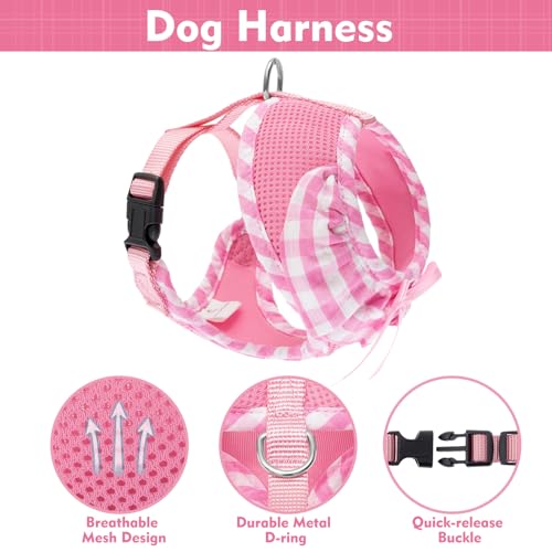 EXPAWLORER Cute Dog Harness and Leash Set - Pink Girl Dog Harness Checkered Step-in Design, Easy Adjustable No-Choke Light...