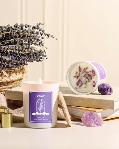 AOOVOO Lavender Scented Candle Set 2 Pack - Aromatherapy Candle with Crystals Inside, 14oz Soy Candles for Home Scented, B...