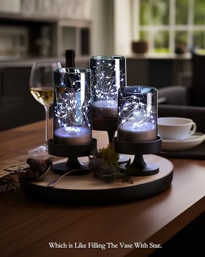 Homemory Flickering Flameless Candles with Remote, Embedded String Lights in Acylinder Vase, Battery Operated Fake Candle...