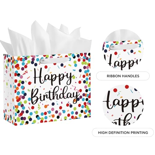 Horaldaily 13" Large Birthday Gift Paper Bags with Tissue Paper and Card, Happy Birthday Dots Streamers Gift Paper Bag for...