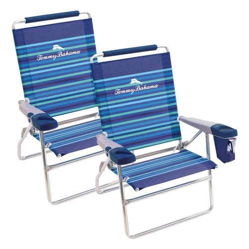 Tommy Bahama Set of 2 Highboy 4 Position Beach Chairs 15 Inch Seat Height with Cupholder, Side Storage Pouch and Mobile Ph...