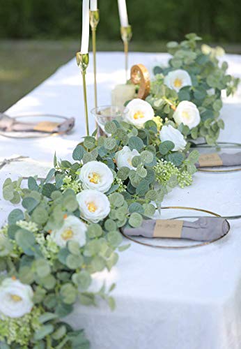 PARTY JOY 6.56ft Eucalyptus Garland with Flowers-8 White Roses, Artificial Fake Flowers Greenery Garland Floral Vines for ...