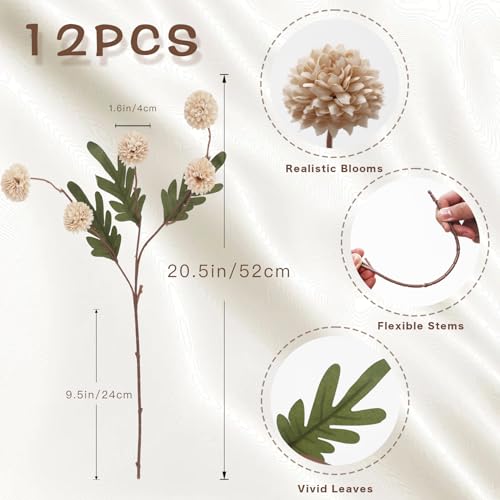 12Pcs Fake Kiku Flowers, Artificial Small Chrysanthemum Balls with Stems, Faux Silk Mini Pompon Mums for Vase Floral Arran...