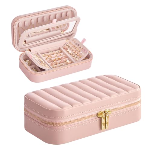 SONGMICS HOME Travel Jewelry Case, Travel Jewelry Box Organizer with Mirror, 4.1 x 8 x 2.4 Inches, Stitching, Portable, Gi...