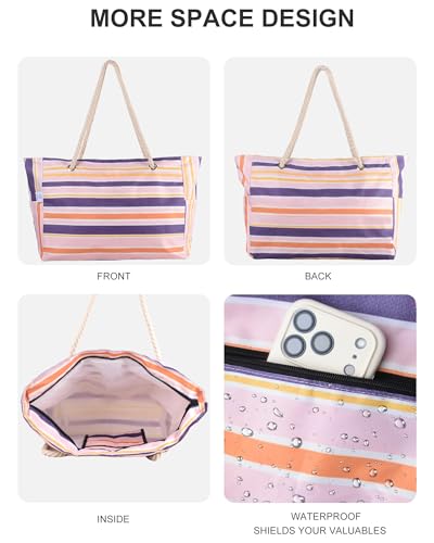 Genteen Beach Bag for Women, Large Waterproof Sandproof Beach Tote with Zipper Pocket, Solid for Travel Pool