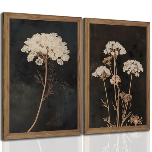 2Pcs Framed Moody Botanical Wall Art with Wood Frame Vintage Queen Anne’s Lace Flower Canvas Paintings Rustic Floral Poste...