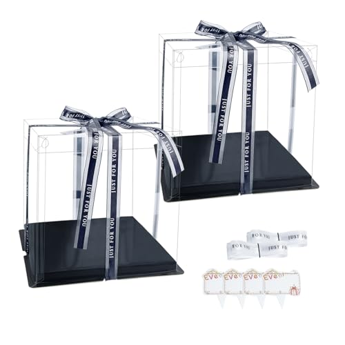 Thxutm Clear Cake Box, 2 Pcs Transparent Cake Carrier Box with Lids, 8'' PET Packaging Boxes with Ribbon Gift Card for Pas...