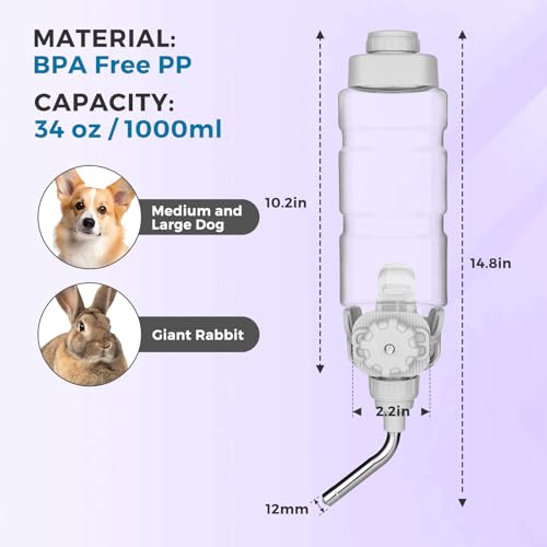Vannon Rabbit Water Bottle for Cage, Top Fill 34oz Bunny Water Bottle No Drip Automatic Water Dispenser for Dog, Rabbit, G...