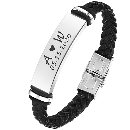 EDSG Mens Bracelet Personalized Custom Bracelets for Men Leather Engraved Bracelet Gift for Boyfriend Husband Dad Bestman ...