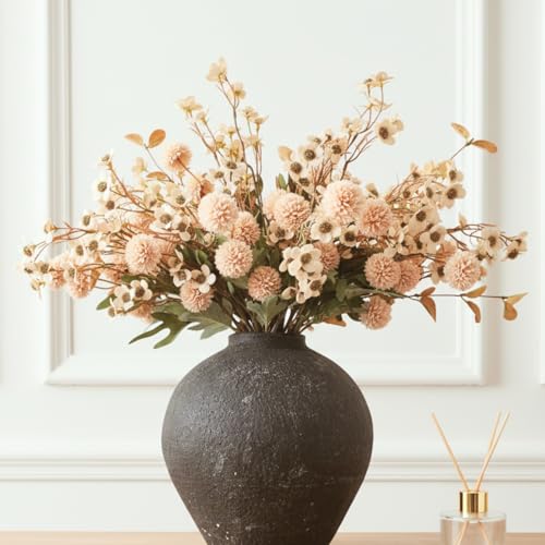 Beige Silk Flower Arrangements Home Decor, Large Floral Centerpieces For Tables, 22 Long Stems Fake Mums + Eucalyptus + Wi...