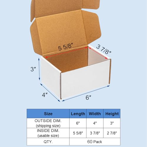Wowxyz White Shipping Boxes 6x4x3" 60 Pack - Corrugated Cardboard Mailing Boxes for Small Business - Literature Mailer Pac...
