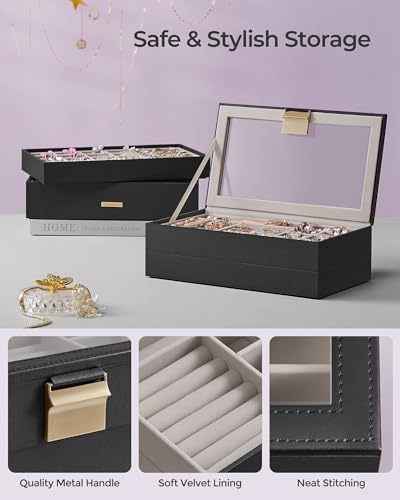 SONGMICS Stackable Jewelry Trays, 4-Tier Jewelry Box, Drawer Jewelry Organizer, with Glass Lid, Removable Dividers, for Va...