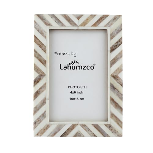 Lahumzco 4x6 Handmade Chevron Picture Frame – Brown & White Bone Inlay Design | Rustic Photo Frame for Tabletop & Wall, De...