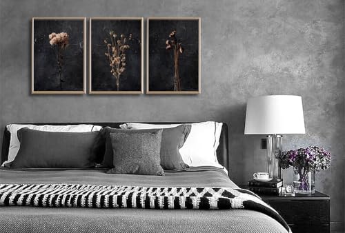 FTQYQLD 3Pcs Moody Dried Flower Wall Art Canvas Prints Dark Moody Botanical Unframed Poster Set Modern Farmhouse Home Deco...