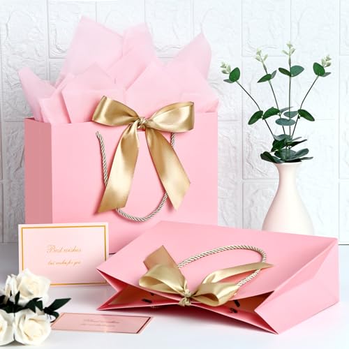 JMANNI Pink Gift Bags with Handles, 13” Medium Gift Bag for Presents, 1 Pcs Bags with 2 Tissue Paper and 1 Cards for Baby ...