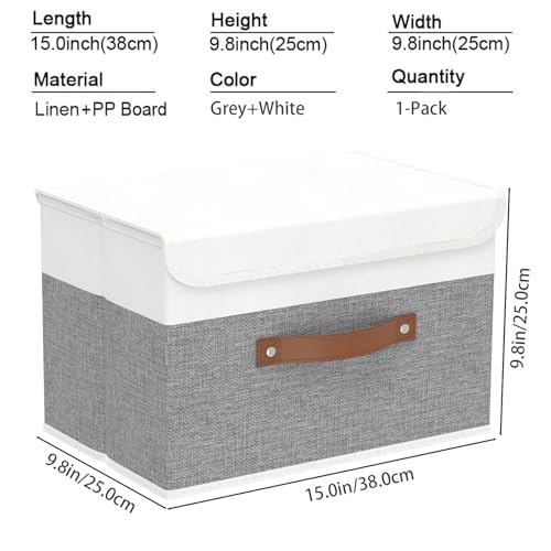 Yawinhe Storage Boxes with Lids, Linen Fabric Bin, Cube Organizer Basket, Washable and Leather Handle, for Home, Closet, W...