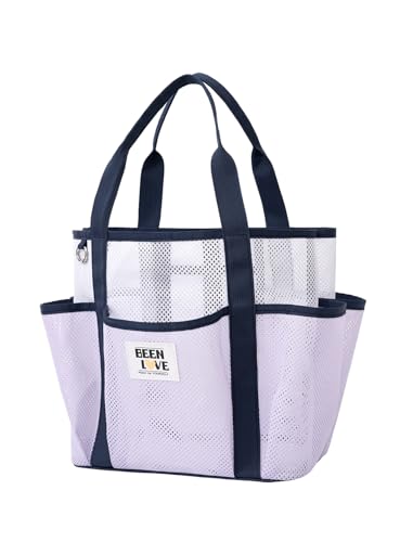 nemeki Mesh Beach Bag for Women Small Beach Tote Bag Sandproof Foldable Swim Pool Bag with 8 Pockets for Travel