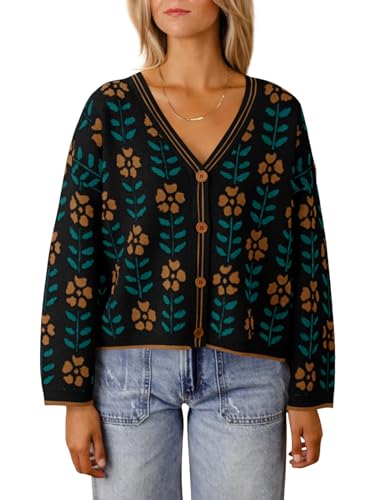 Saodimallsu Womens Floral Print V Neck Cardigan Open Front Button Down Knit Sweater Long Sleeve Loose Fashion Tops