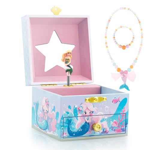 RR ROUND RICH DESIGN Kids Musical Jewelry Box for Girls Include Drawer and Pretty Jewelry Set with Cute Mermaid Theme - Be...