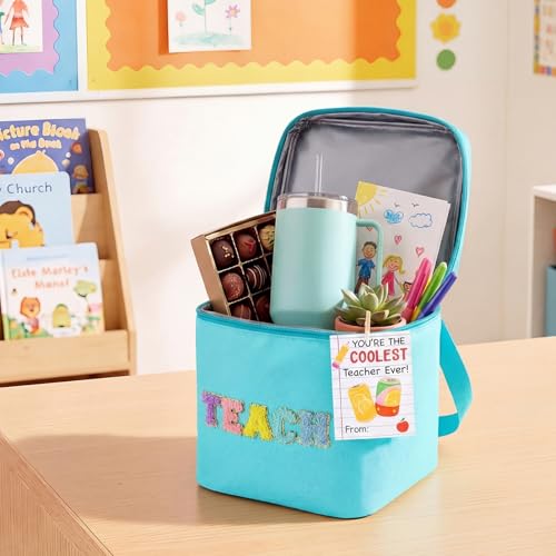 Summer Teacher Appreciation Gifts Teach Chenille Letter Cooler Bag with Ribbon Thank You Tag Wooden Clamp Cooler Bag for E...