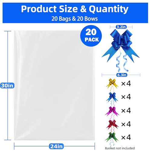 Homrelaxy 20 Pcs 24 x 30 Inches Cellophane Bags for Gift Baskets with 20 Colorful Pull Bows, Plastic Clear Basket Bags, Ce...