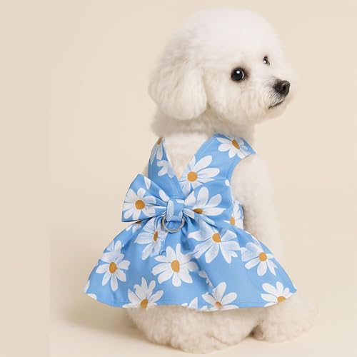 Small Dog Harness Dress Bow Female Dog Clothes Print Flower Girl Dog Harness Dresses Puppy Outfits with Leash Set Summer C...