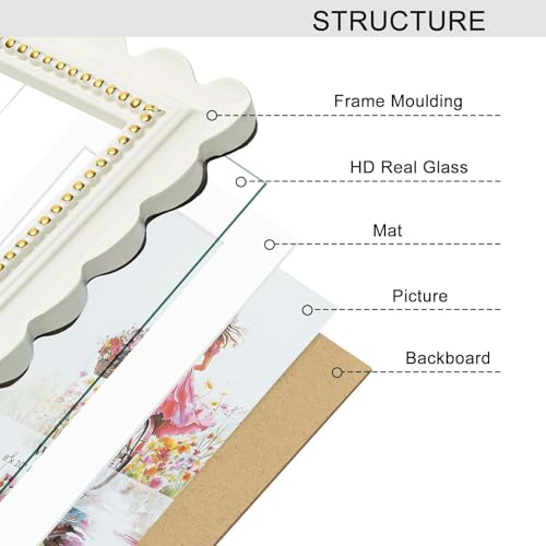 Wontree Wavy 5x7 Picture Frame White with Gold Beaded Trim, Resin Frame with Real Glass, Display 5x7 Photos Matted to 4x6,...