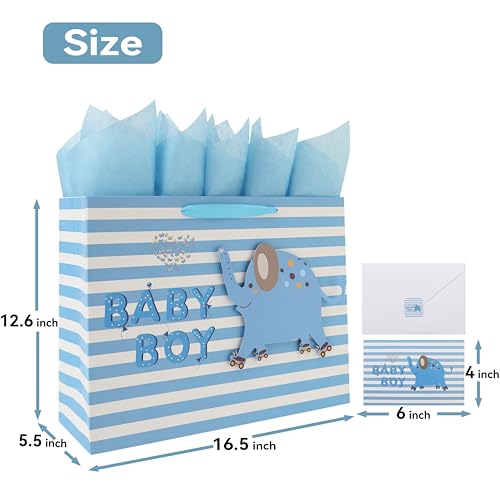 16.5” Extra Large Baby Boy Gift Bag Set with Handles, Greeting Card, Blue Tissue Papers and Stickers for Boys Kids for Bab...