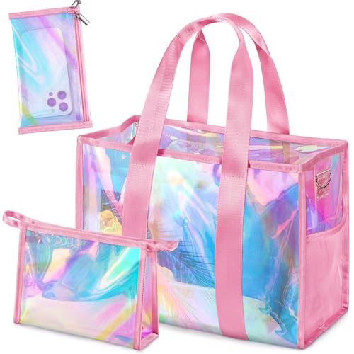 ComfyKit Iridescent Beach Tote Bag for Women - Waterproof Pool & Swim Bag with Detachable Makeup Case & Phone Pouch