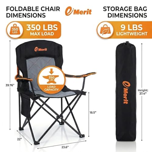 EMERIT 2 Pack Oversized Padded Camping Chair, 350LB Heavy Duty Quad Fold Chair with Arms, Collapsible Outdoor Chairs with ...