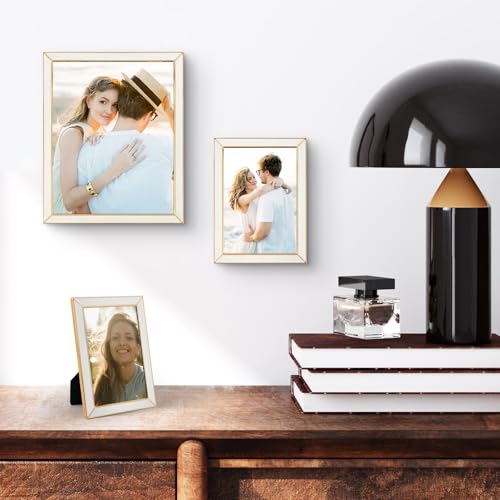 Frametory Enamel Picture Frame - 4x6 Gold Metal Edge White Enamel Picture Frame With Easel and Velvet Back for Tabletop Di...