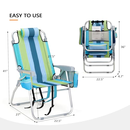 VINGLI Tall Beach Chair 2 Pack Lightweight, Backpack Beach Chair for Adults with 5-Position, Cooler Bag, Cup Holders, Towe...