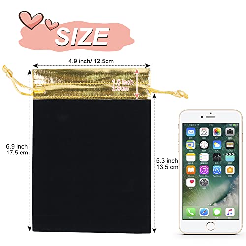 HRX Package 10pcs Velvet Bags with Drawstrings 5x7 inch, Black Gold Cloth Gift Pouches Baggies Sacks for Jewelry Dice Part...