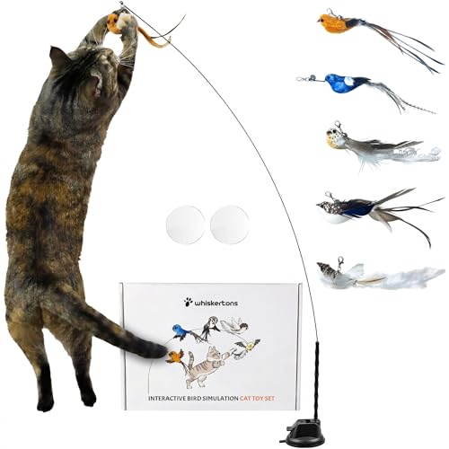 Whiskertons Interactive Bird Simulation Cat Toy Set, Interactive Cat Toys for Indoor Cats, Cat Feather Toy, Self-Holding S...