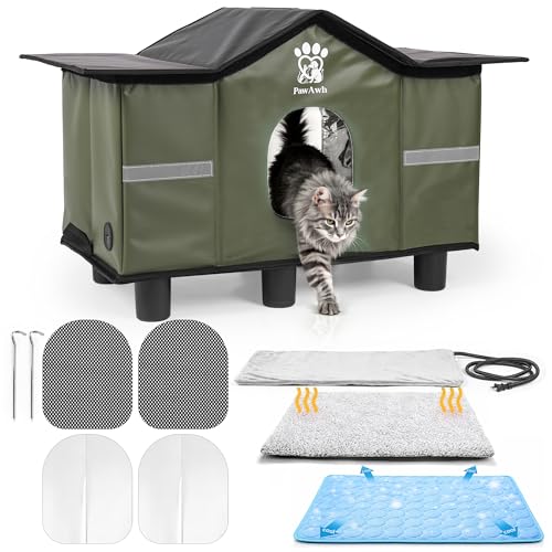 PAWAWH Insulated Heated Outdoor Cat House with Self Warming & Self Cooling Mat – Waterproof Stray & Feral Shelter with Bre...
