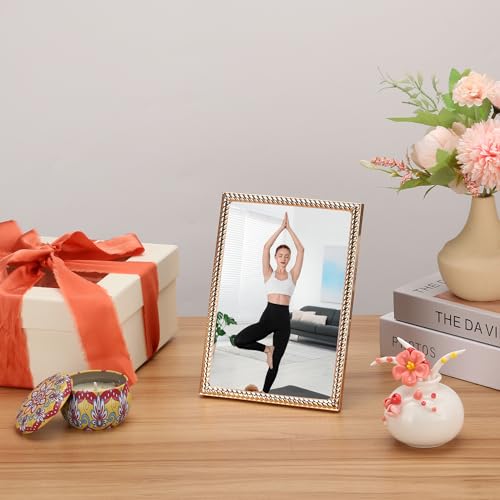 FineLiMoLa 5x7'' Gold Rope Design Metal Picture Frames 2 Pack with Hi Quality Velvet Backing and Real Glass Front, Gold Ph...