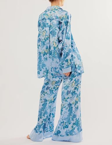 Yimoon Satin Pajama Set for Women Silk Pajamas Set 2 Piece Floral Cute Pj Set Long Sleeve Pjs Sleepwear